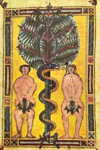 Adam and Eve, illuminated manuscript circa 950, Escorial Beatus